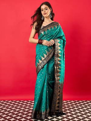 Teal ethnic motifs woven design banarasi saree 2
