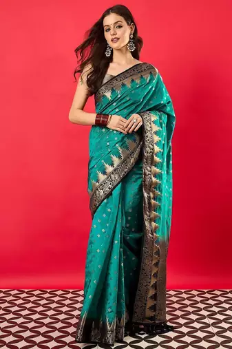 Teal ethnic motifs woven design banarasi saree