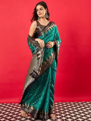 Teal ethnic motifs woven design banarasi saree 3
