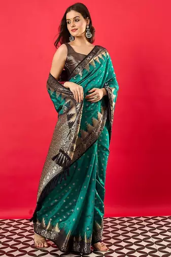 Teal ethnic motifs woven design banarasi saree
