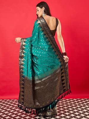 Teal ethnic motifs woven design banarasi saree 4