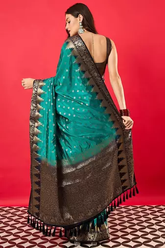 Teal ethnic motifs woven design banarasi saree