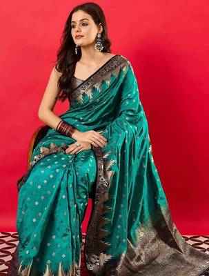 Teal ethnic motifs woven design banarasi saree 5