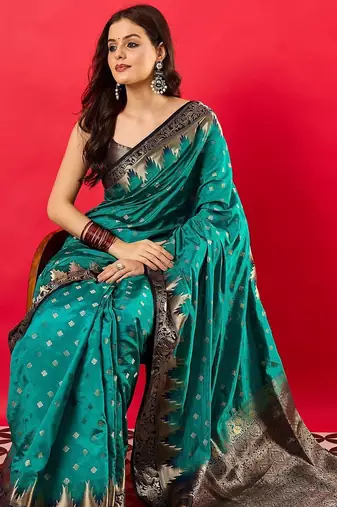 Teal ethnic motifs woven design banarasi saree