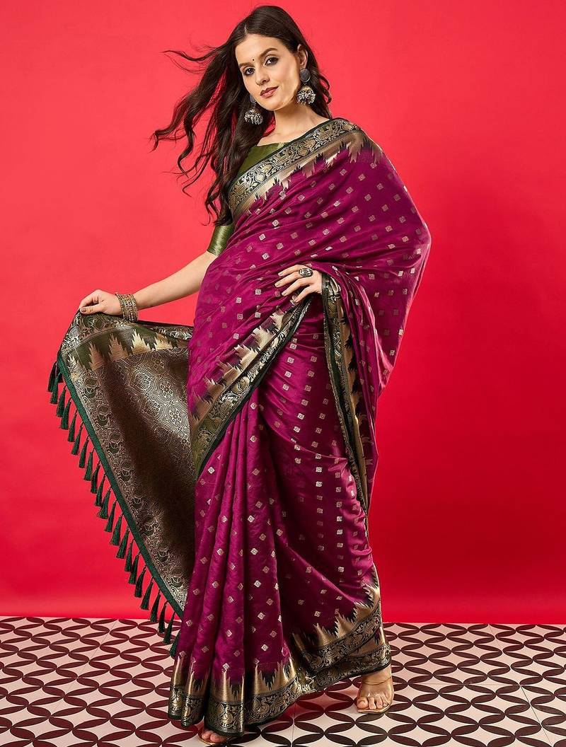 Purple geometric woven design zari banarasi saree