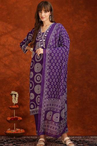 bandhani printed thread work v-neck  cotton kurta with trousers & dupatta