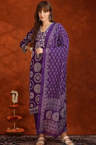 bandhani printed thread work v-neck  cotton kurta with trousers & dupatta