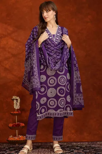 bandhani printed thread work v-neck  cotton kurta with trousers & dupatta