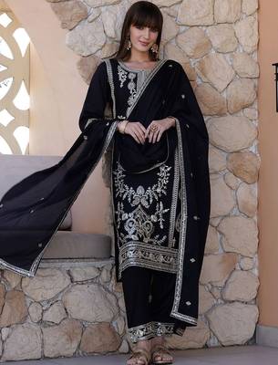 floral embroidered sequinned  silk straight kurta with trousers & dupatta 1