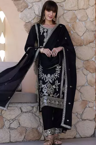 floral embroidered sequinned  silk straight kurta with trousers & dupatta