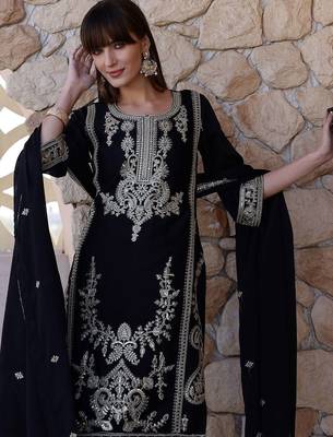 floral embroidered sequinned  silk straight kurta with trousers & dupatta 2