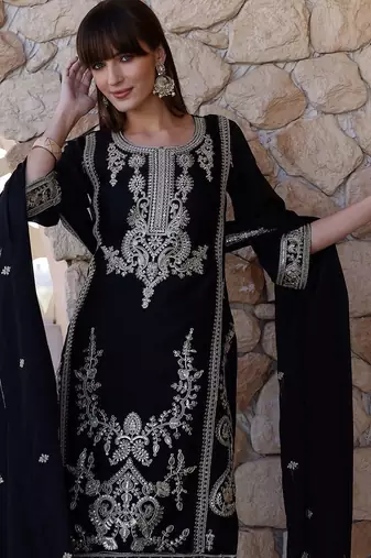 floral embroidered sequinned  silk straight kurta with trousers & dupatta