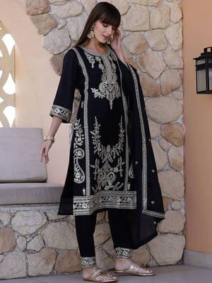 floral embroidered sequinned  silk straight kurta with trousers & dupatta 3