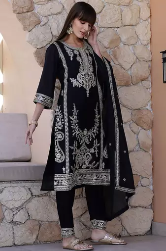 floral embroidered sequinned  silk straight kurta with trousers & dupatta