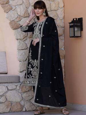 floral embroidered sequinned  silk straight kurta with trousers & dupatta 4