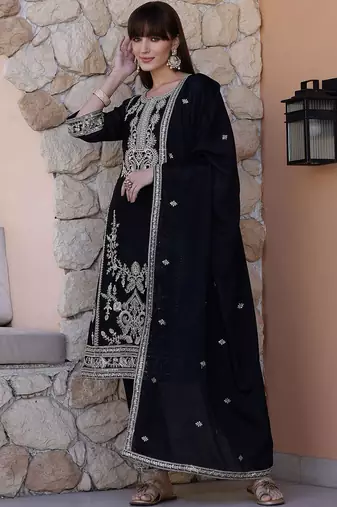 floral embroidered sequinned  silk straight kurta with trousers & dupatta