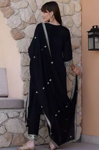 floral embroidered sequinned  silk straight kurta with trousers & dupatta