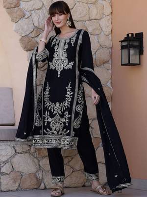floral embroidered sequinned  silk straight kurta with trousers & dupatta 6