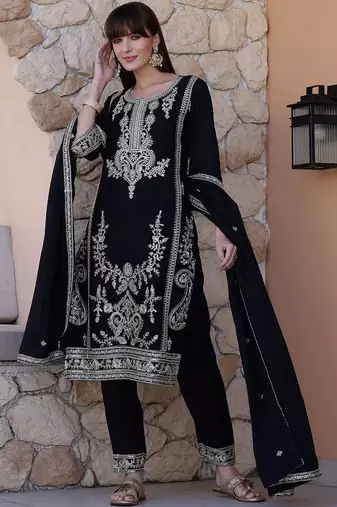floral embroidered sequinned  silk straight kurta with trousers & dupatta