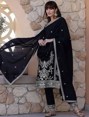 floral embroidered sequinned  silk straight kurta with trousers & dupatta 7