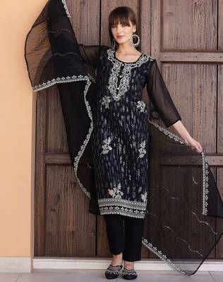 floral embroidered sequinned organza straight kurta with trousers & dupatta 1
