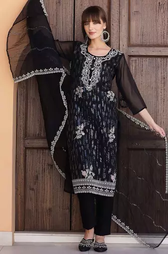 floral embroidered sequinned organza straight kurta with trousers & dupatta