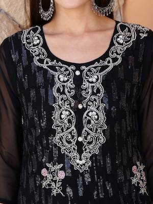 floral embroidered sequinned organza straight kurta with trousers & dupatta 2