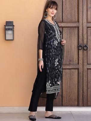 floral embroidered sequinned organza straight kurta with trousers & dupatta 3