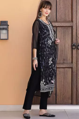 floral embroidered sequinned organza straight kurta with trousers & dupatta