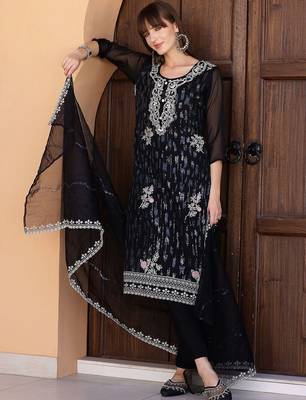 floral embroidered sequinned organza straight kurta with trousers & dupatta 4