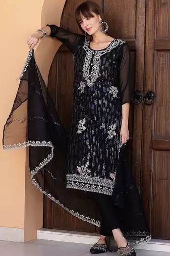 floral embroidered sequinned organza straight kurta with trousers & dupatta