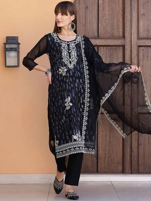 floral embroidered sequinned organza straight kurta with trousers & dupatta 6