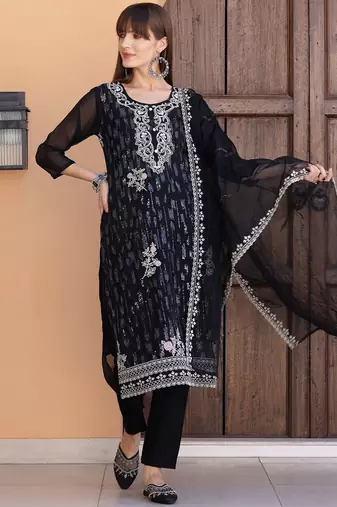 floral embroidered sequinned organza straight kurta with trousers & dupatta