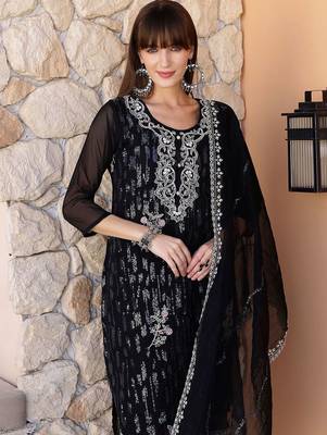 floral embroidered sequinned organza straight kurta with trousers & dupatta 7