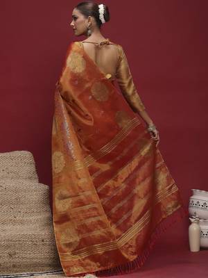Orange woven design zari banarasi saree 3