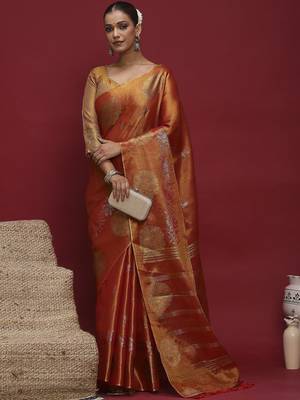 Orange woven design zari banarasi saree 4