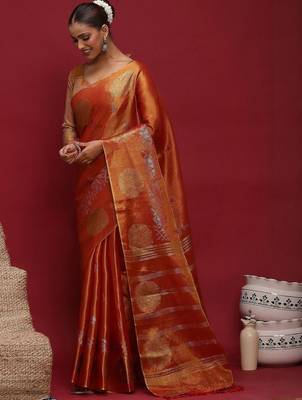 Orange woven design zari banarasi saree 5