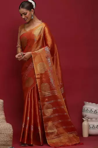 Orange woven design zari banarasi saree