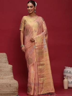 Peach woven design zari banarasi saree with matching blouse 1