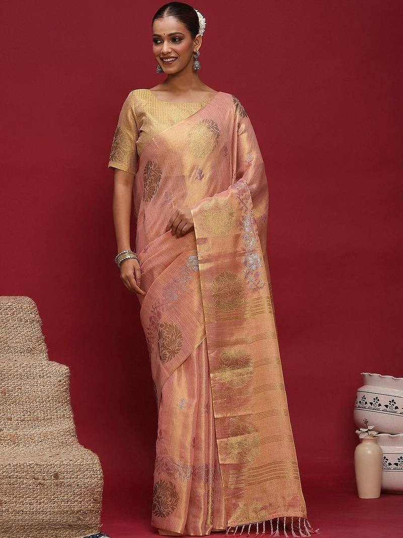 Peach woven design zari banarasi saree with matching blouse