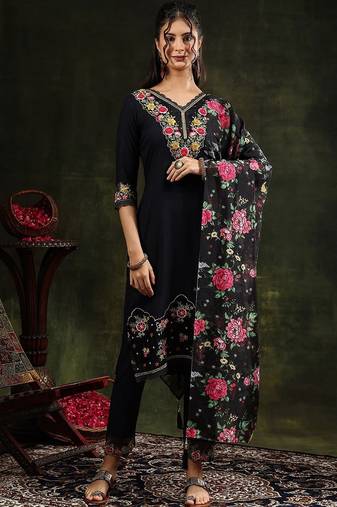 floral embroidered v neck chanderi cotton kurta with trousers & dupatta