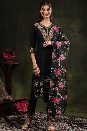 floral embroidered v neck chanderi cotton kurta with trousers & dupatta