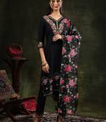floral embroidered v neck chanderi cotton kurta with trousers & dupatta
