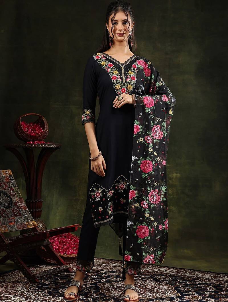 floral embroidered v neck chanderi cotton kurta with trousers & dupatta