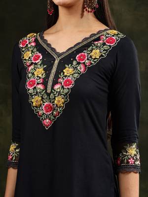 floral embroidered v neck chanderi cotton kurta with trousers & dupatta 2