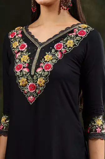 floral embroidered v neck chanderi cotton kurta with trousers & dupatta