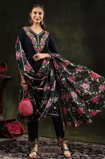 floral embroidered v neck chanderi cotton kurta with trousers & dupatta