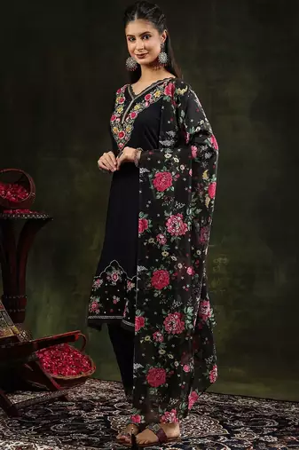 floral embroidered v neck chanderi cotton kurta with trousers & dupatta