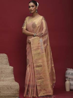 Peach woven design zari banarasi saree with matching blouse 3