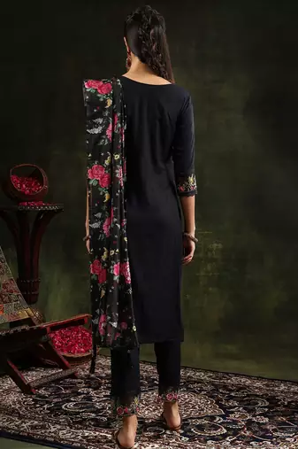 floral embroidered v neck chanderi cotton kurta with trousers & dupatta